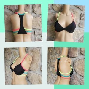 PINK | VS Black and Neon Strappy Bikini Top